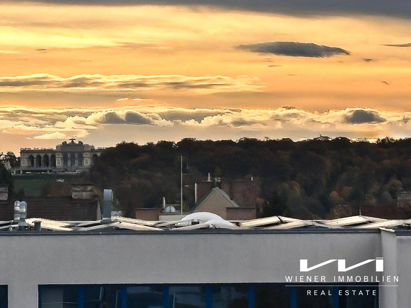 Panoramablick über die Dächer der Stadt mit dem Schloss Schönbrunn im Hintergrund bei Sonnenuntergang.