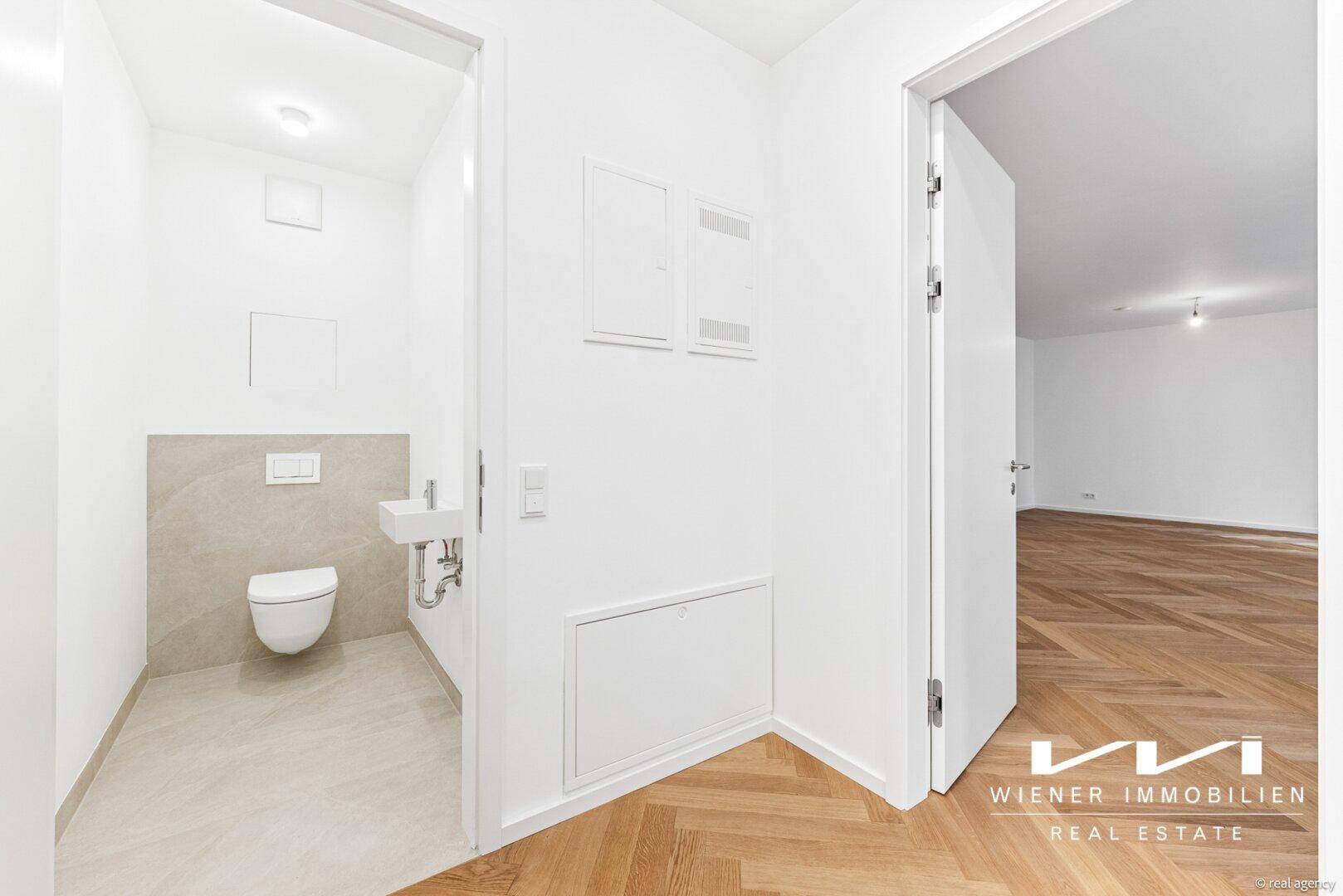 Separates Gäste-WC mit Wand-WC, kleinem Waschbecken und modernen Fliesen.