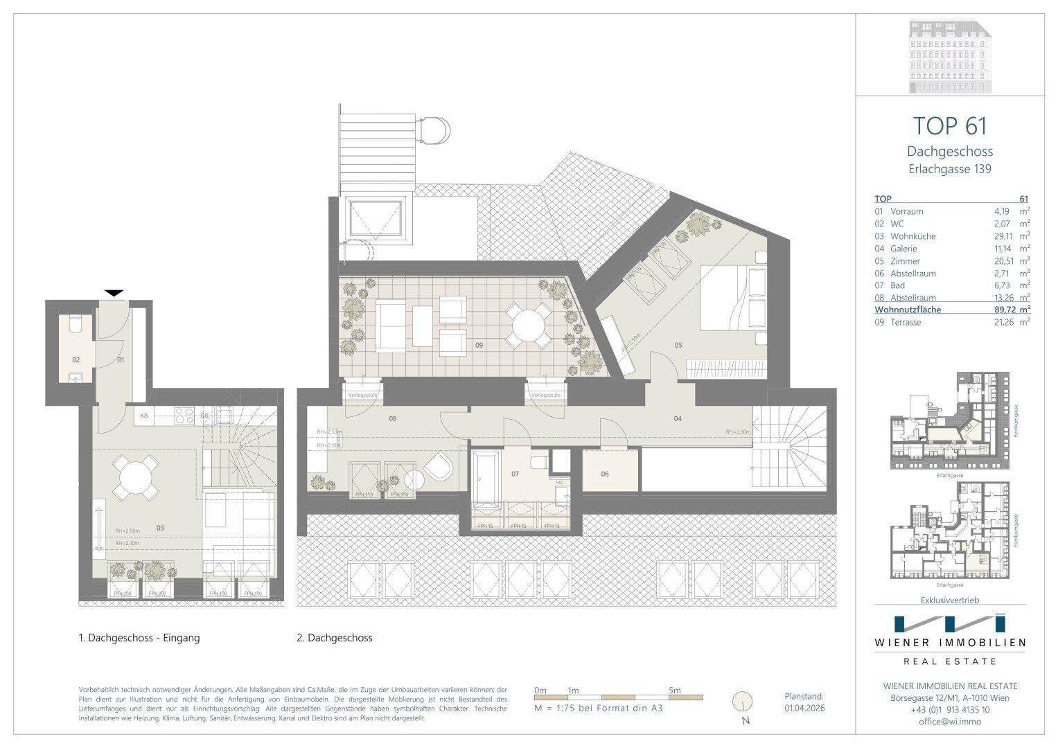 Grundriss für Dachgeschosswohnung TOP 61 mit mehreren Ebenen und großer Terrasse.