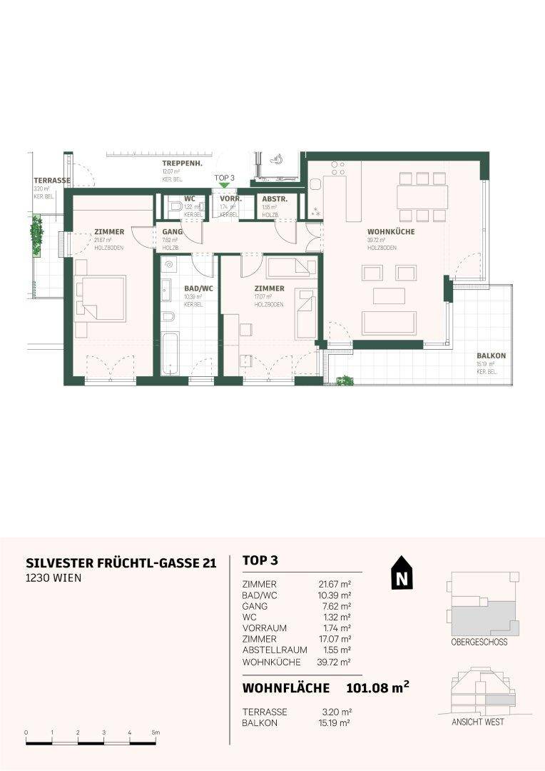 Detaillierter Grundriss der Wohnung Top 3 mit Wohnküche, drei Zimmern und zwei Bädern.