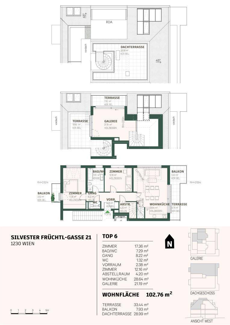 Mehrstufiger Grundriss mit Dachterrasse, Galerie und detaillierter Flächenaufstellung.