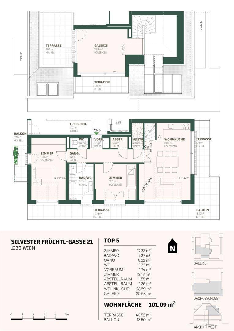 Detaillierter Grundriss mit mehreren Ebenen, Zimmern, Terrassen und Balkonen sowie Flächenangaben.