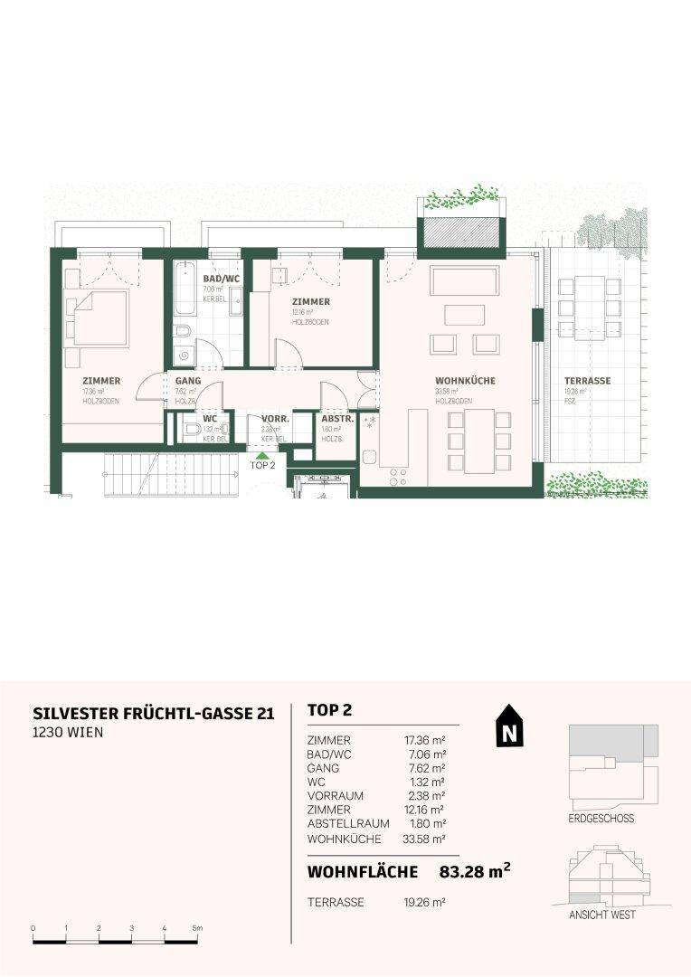 Detaillierter Grundriss der Wohnung mit Wohnküche, Zimmern und einer großen Terrasse.