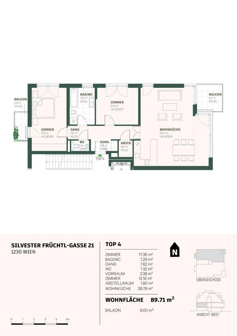 Detaillierter Grundriss einer Wohnung mit 89,71 m² Wohnfläche und Balkon.