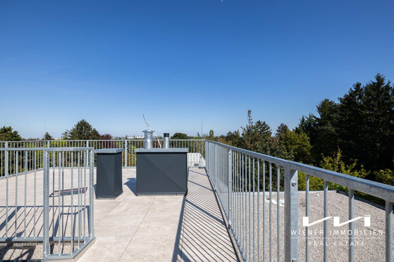 Geräumige Dachterrasse mit Fliesenboden und Metallgeländer, umgeben von Bäumen.