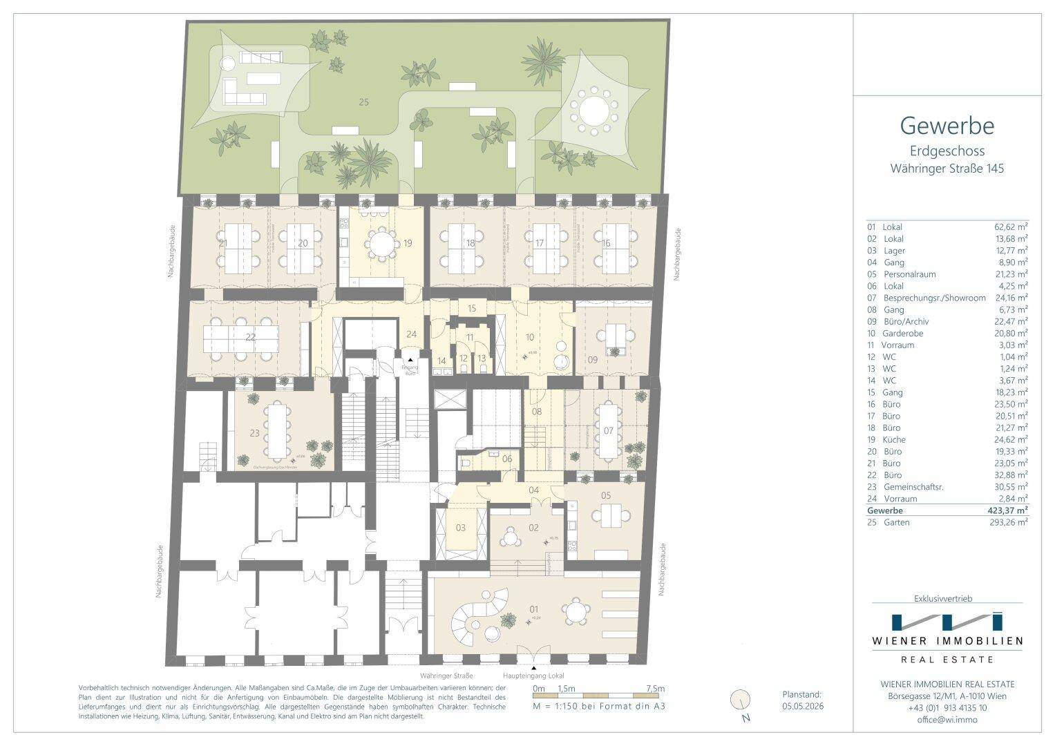 Grundriss für ein Gewerbeobjekt im Erdgeschoss mit mehreren Büros und einem großen Gartenbereich.