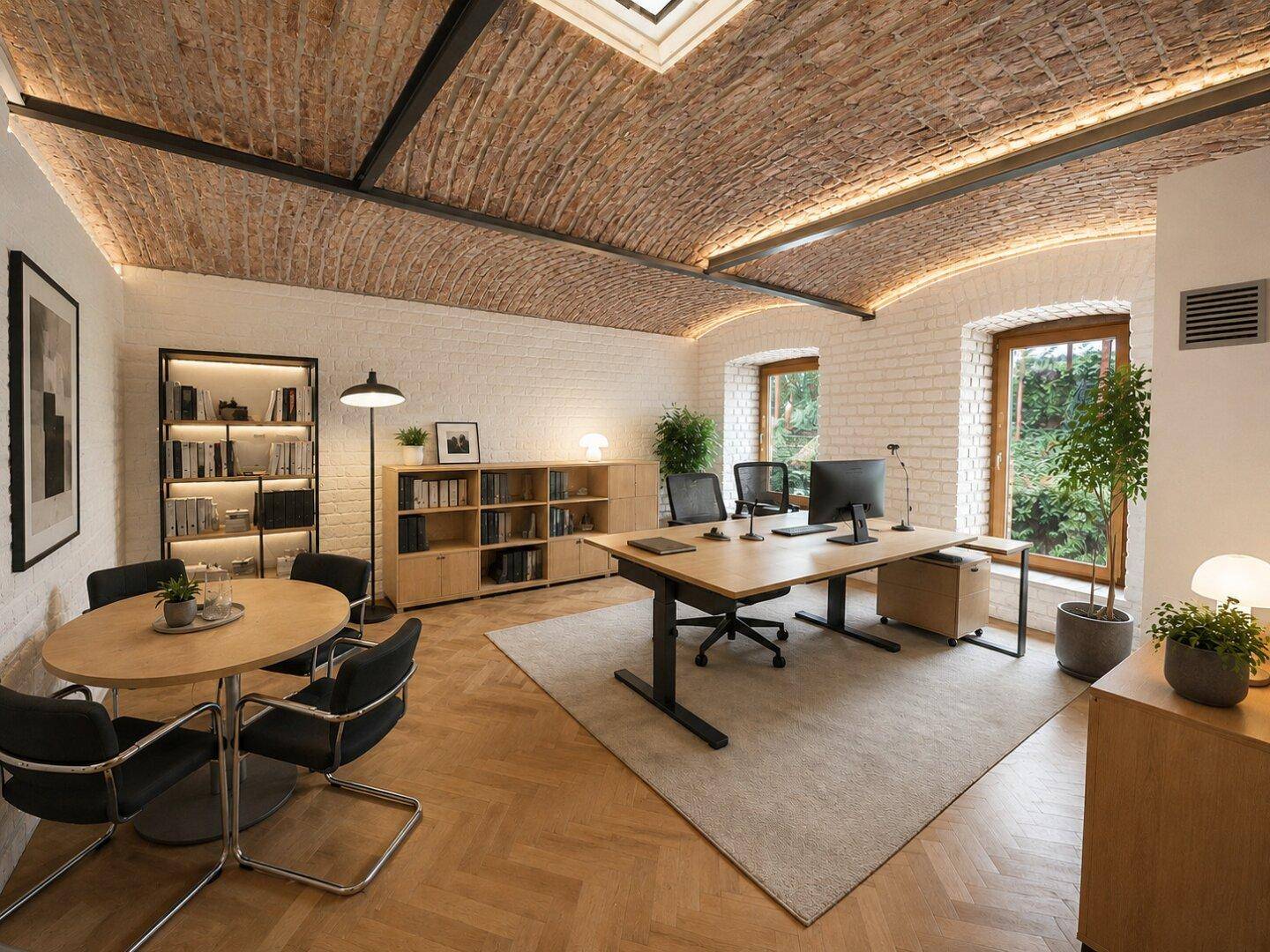 Modernes Büro mit beeindruckender Ziegelgewölbedecke, Fischgrätparkett und großen Fenstern mit viel Tageslicht.