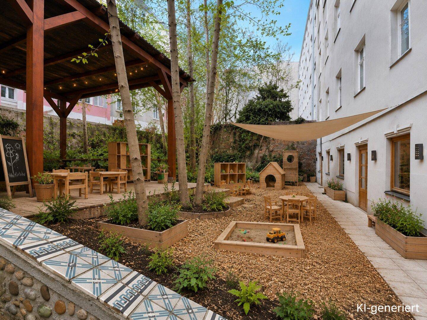 Lebhafter Innenhof mit überdachter Pergola, Sandkasten und verschiedenen Spielbereichen für Kinder.