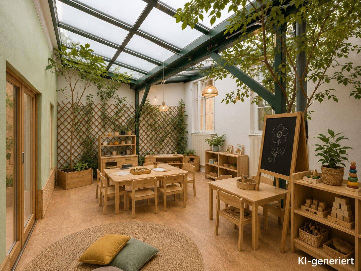 Heller Wintergarten als Spielbereich mit Glasdach, vielen Pflanzen und kindgerechten Holztischen.