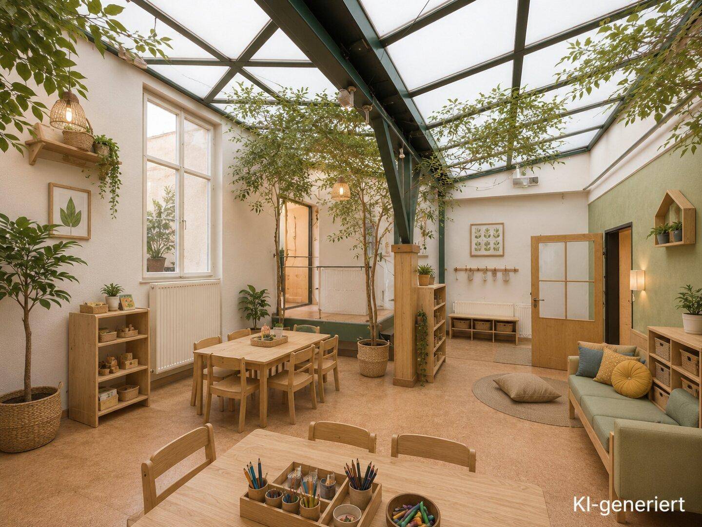 Geräumiger Wintergarten mit viel Tageslicht, Pflanzen und gemütlichen Sitzgelegenheiten für Kinder.