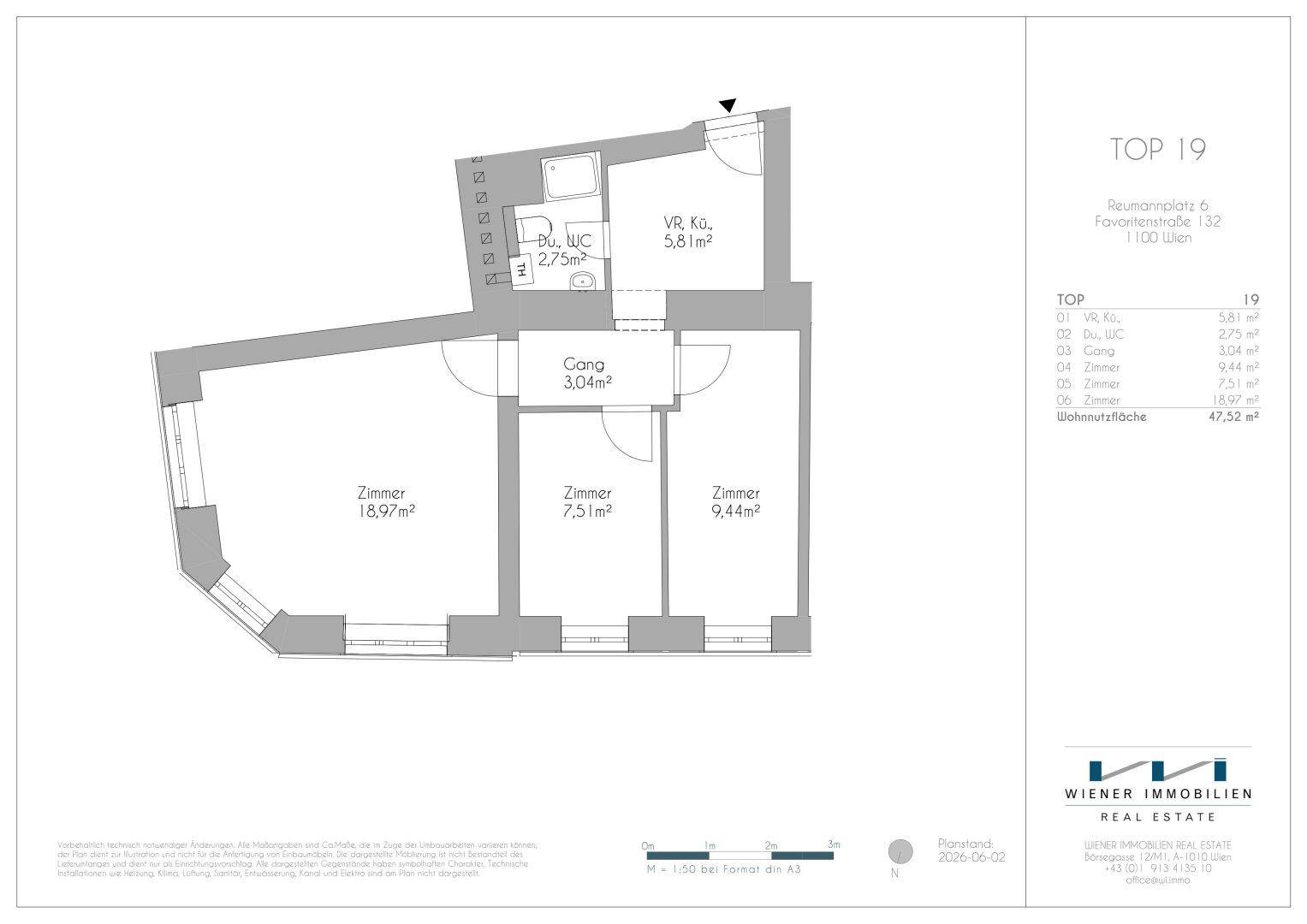 Grundriss der Wohnung Top 19 mit drei Zimmern, WC und Vorraum auf 47,52 m².