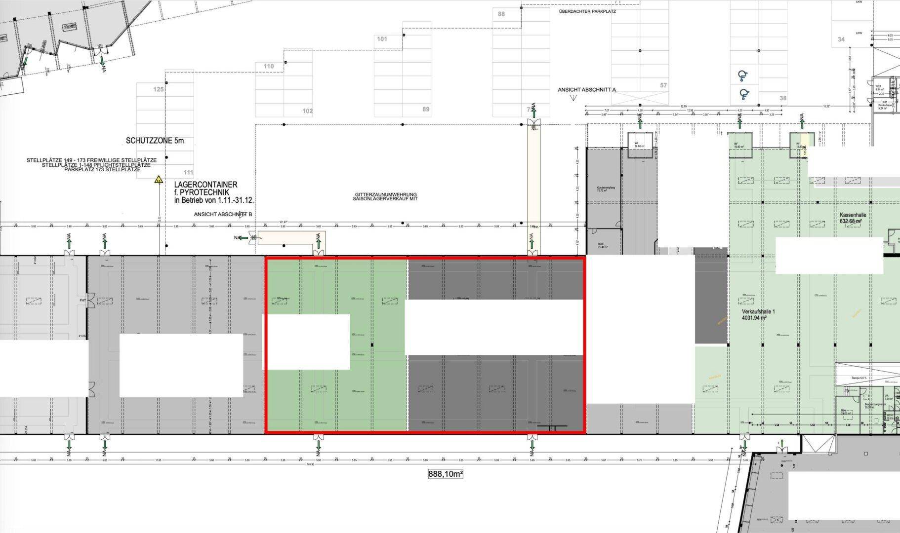 Detaillierter Grundrissplan eines großen Gewerbebereichs mit markierten Zonen und offener Gestaltung.