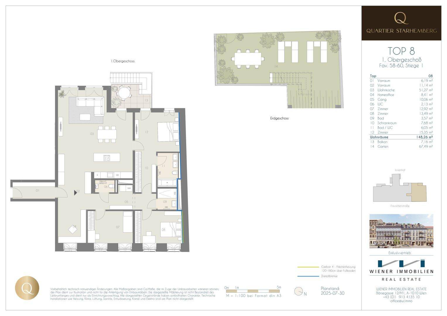 Grundriss der Wohnung TOP 8 mit detailliertem Layout, Balkon und Gartenanteil.