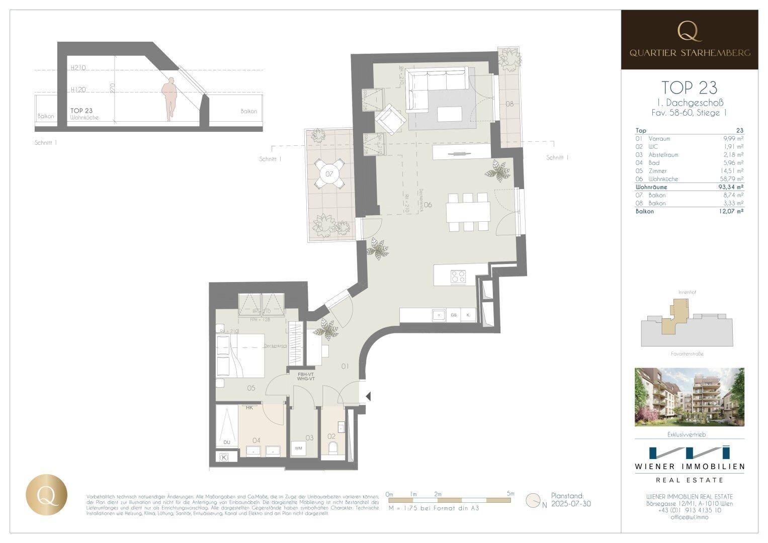 Grundriss einer modernen Dachgeschosswohnung mit offenem Wohnbereich, zwei Schlafzimmern, zwei Bädern und einem Balkon.