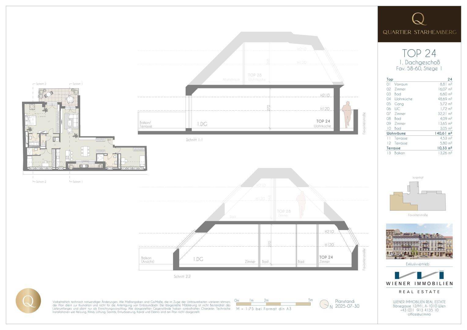 Architektonische Querschnitte einer Dachgeschosswohnung mit sichtbaren Dachschrägen und Grundriss.