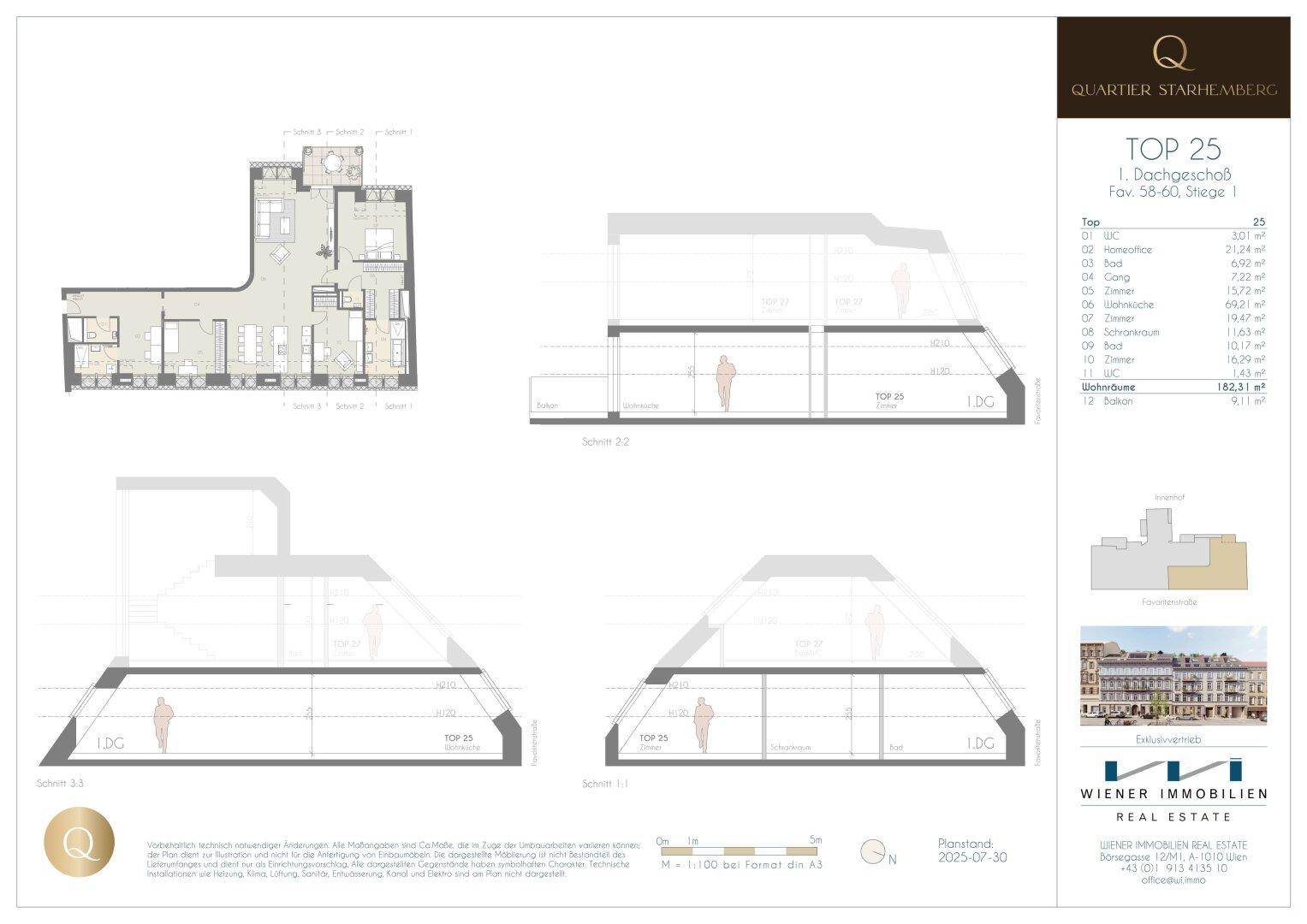 Grundriss und Gebäudeschnitte einer Dachgeschosswohnung mit Terrassenzugang und Dachschrägen.
