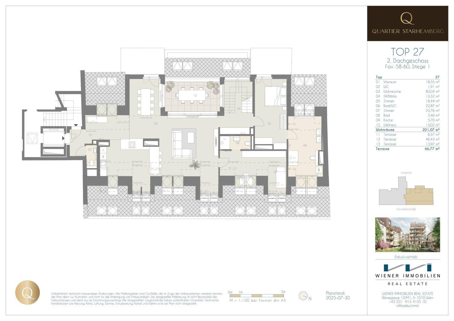 Grundriss einer großzügigen Dachgeschosswohnung mit offenem Wohnbereich, mehreren Schlafzimmern und Terrassen.