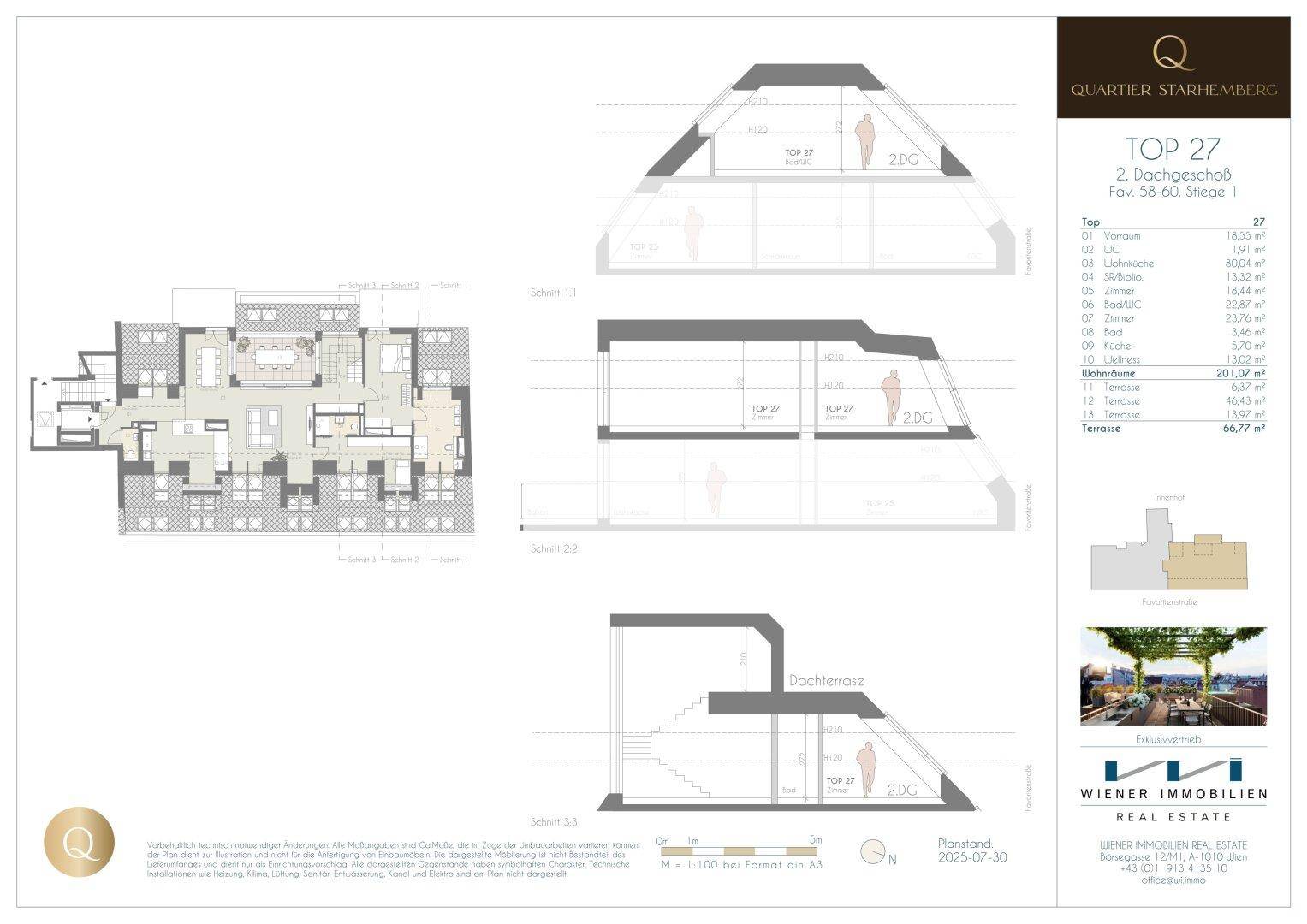 Schnittzeichnungen der Maisonette-Wohnung im Dachgeschoss, die hohe Decken und Dachschrägen zeigen.