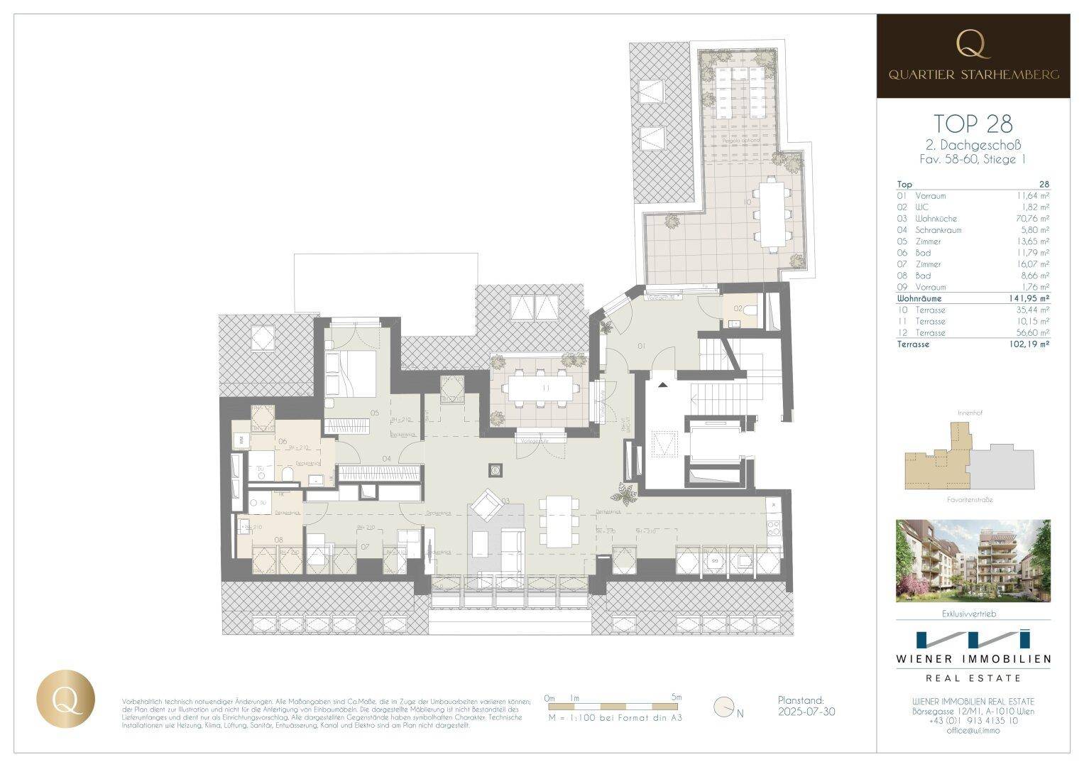 Detaillierter Grundriss der Dachgeschosswohnung mit mehreren Terrassen und offenem Wohnbereich.