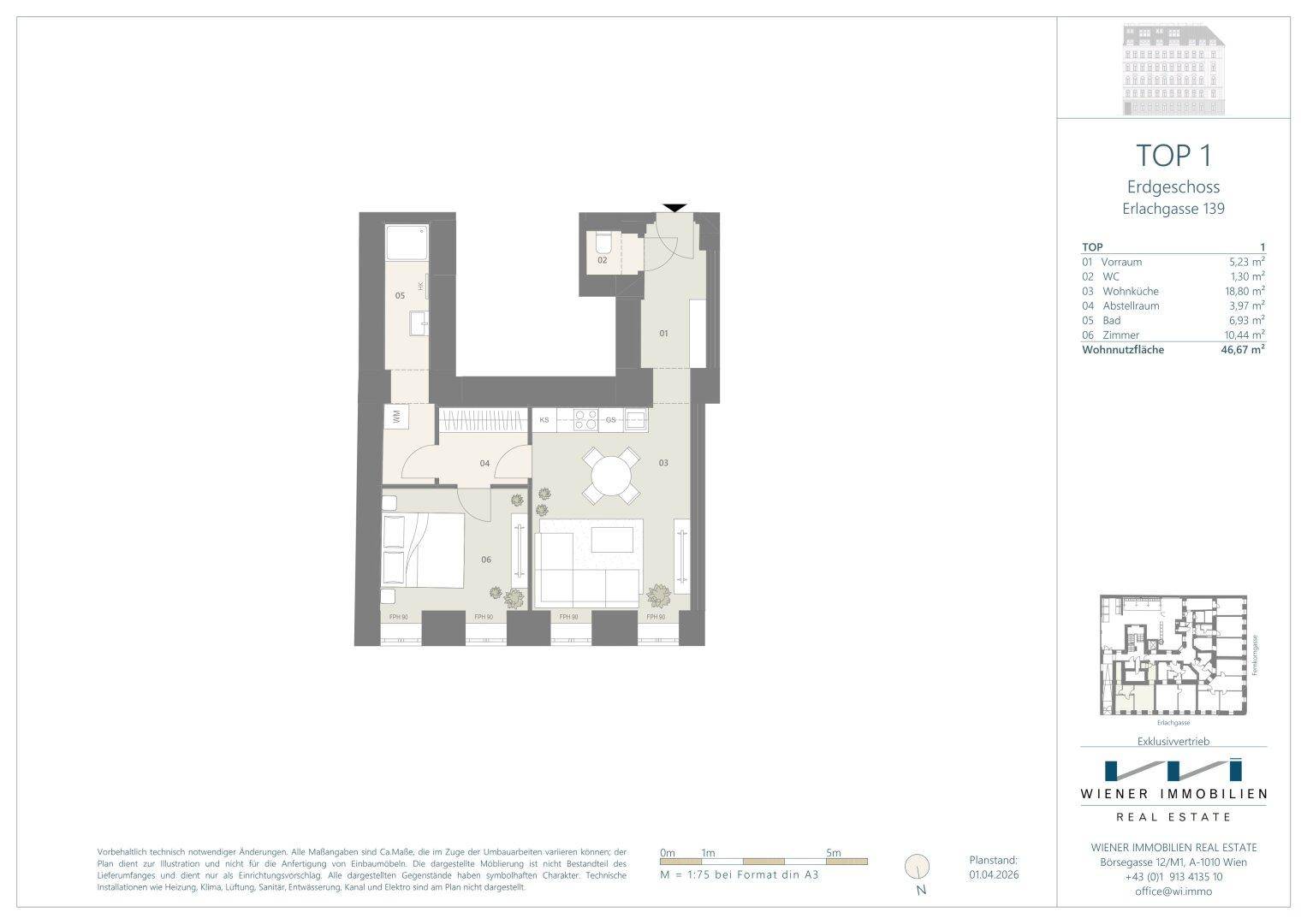 Grundriss der Wohnung TOP 1 im Erdgeschoss mit offenem Wohnbereich, Schlafzimmer und Badezimmer.