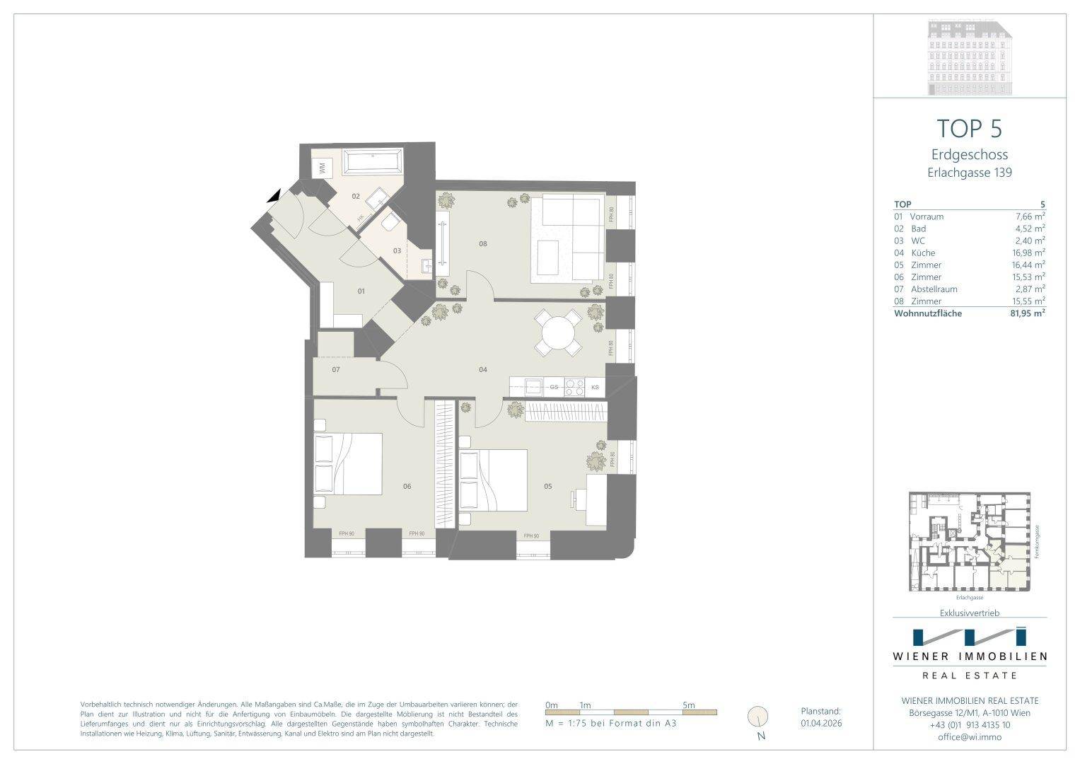 Grundriss der Wohnung TOP 5 im Erdgeschoss mit zwei Schlafzimmern, offenem Wohnbereich und Bad.