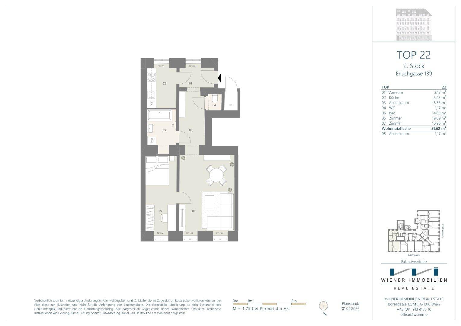Grundriss der Wohnung TOP 22 im 2. Stock mit Schlafzimmer, offenem Wohnbereich und Badezimmer.