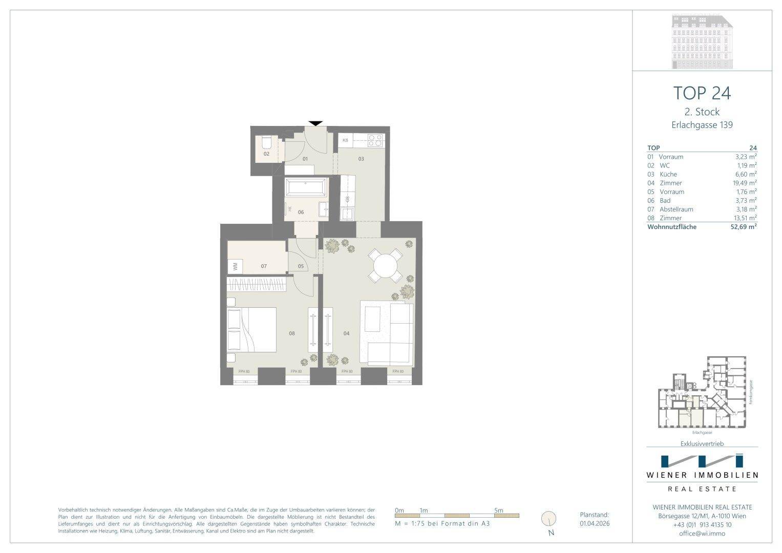 Grundriss der Wohnung TOP 24 im 2. Stock mit Schlafzimmer, offenem Wohnbereich, Bad und separatem WC.