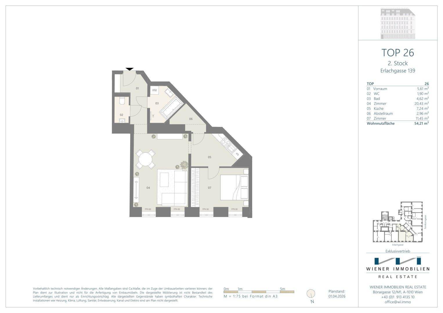 Grundriss der Wohnung TOP 26 im zweiten Stock mit zwei Schlafzimmern und offenem Wohnbereich.