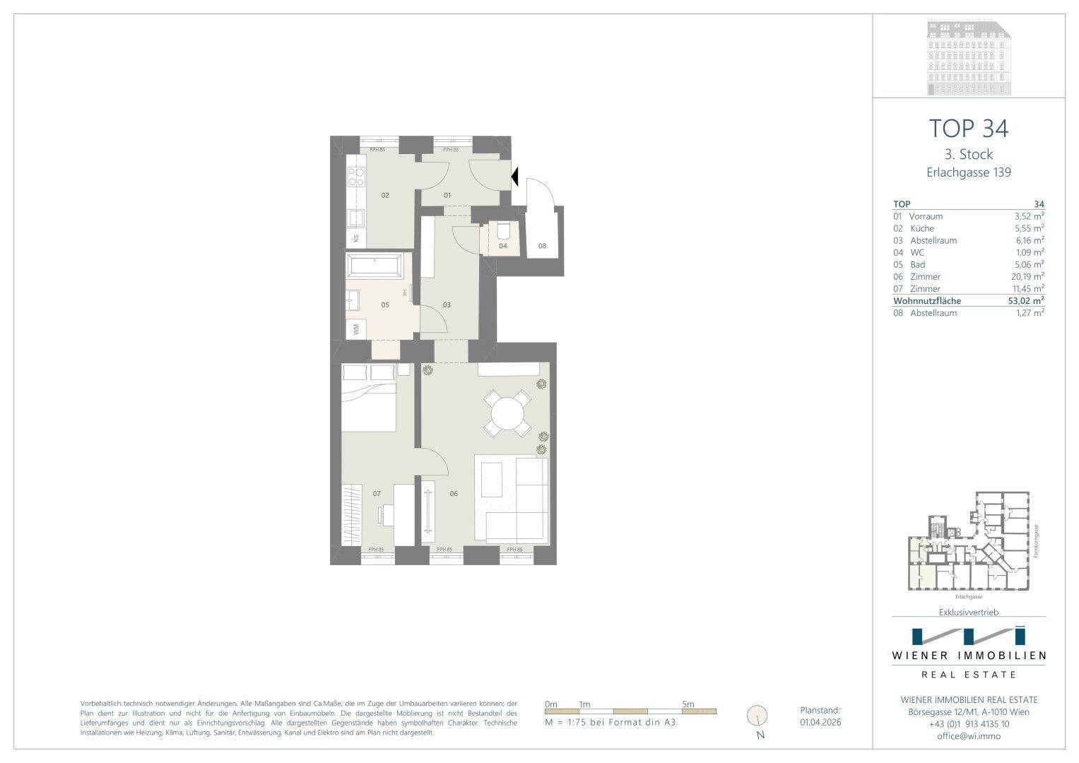 Grundriss der Wohnung TOP 34 im dritten Stock mit einem Schlafzimmer und offenem Wohnbereich.