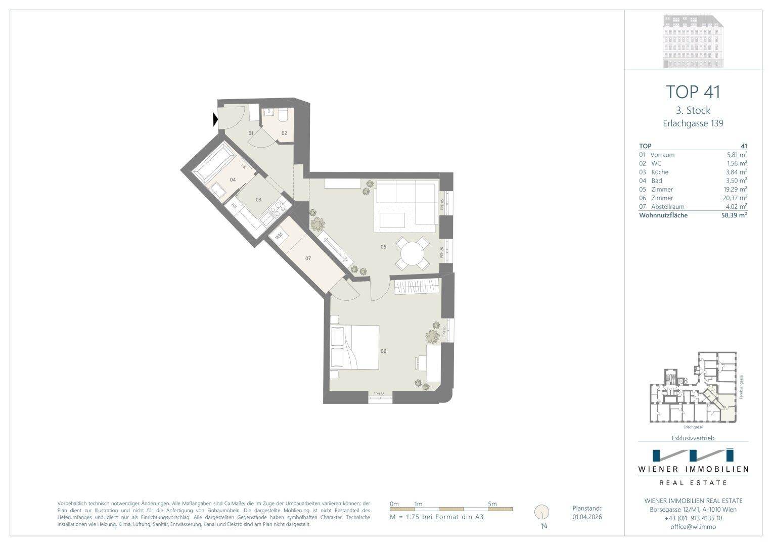 Grundriss der Wohnung TOP 41 im dritten Stock mit zwei Schlafzimmern und offenem Wohnbereich.