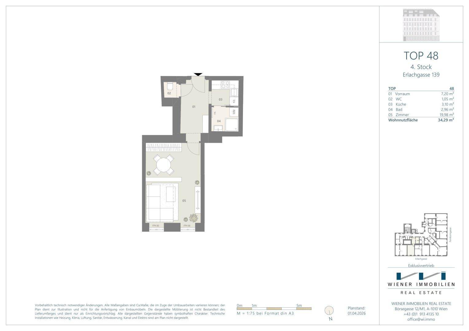 Grundriss der Wohnung TOP 48 im vierten Stock mit einem Schlafzimmer und offenem Wohnbereich.