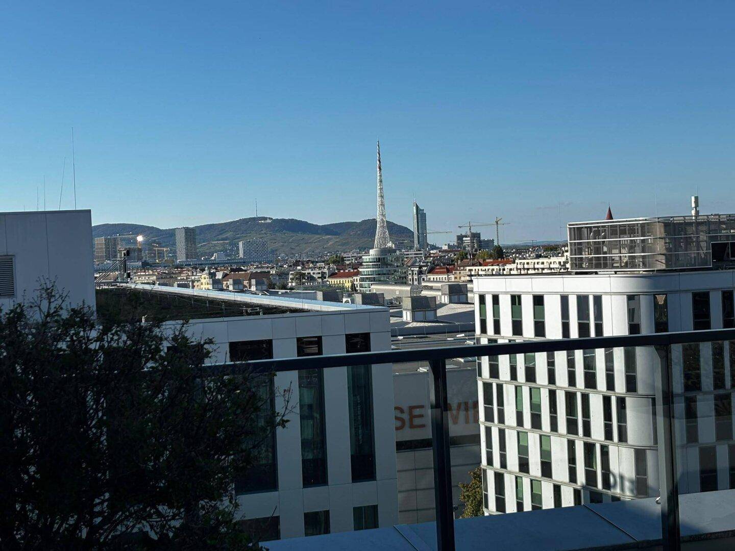 Dachterrasse mit beeindruckendem Panoramablick auf die Stadt, markante Gebäude und Berge.