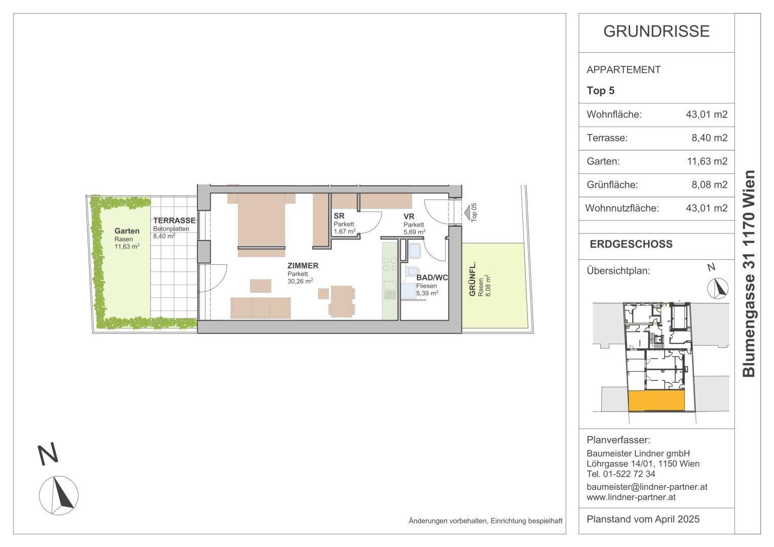 Grundriss der Wohnung Top 5 im Erdgeschoss mit 43,01 m² Wohnfläche, Terrasse und Garten.