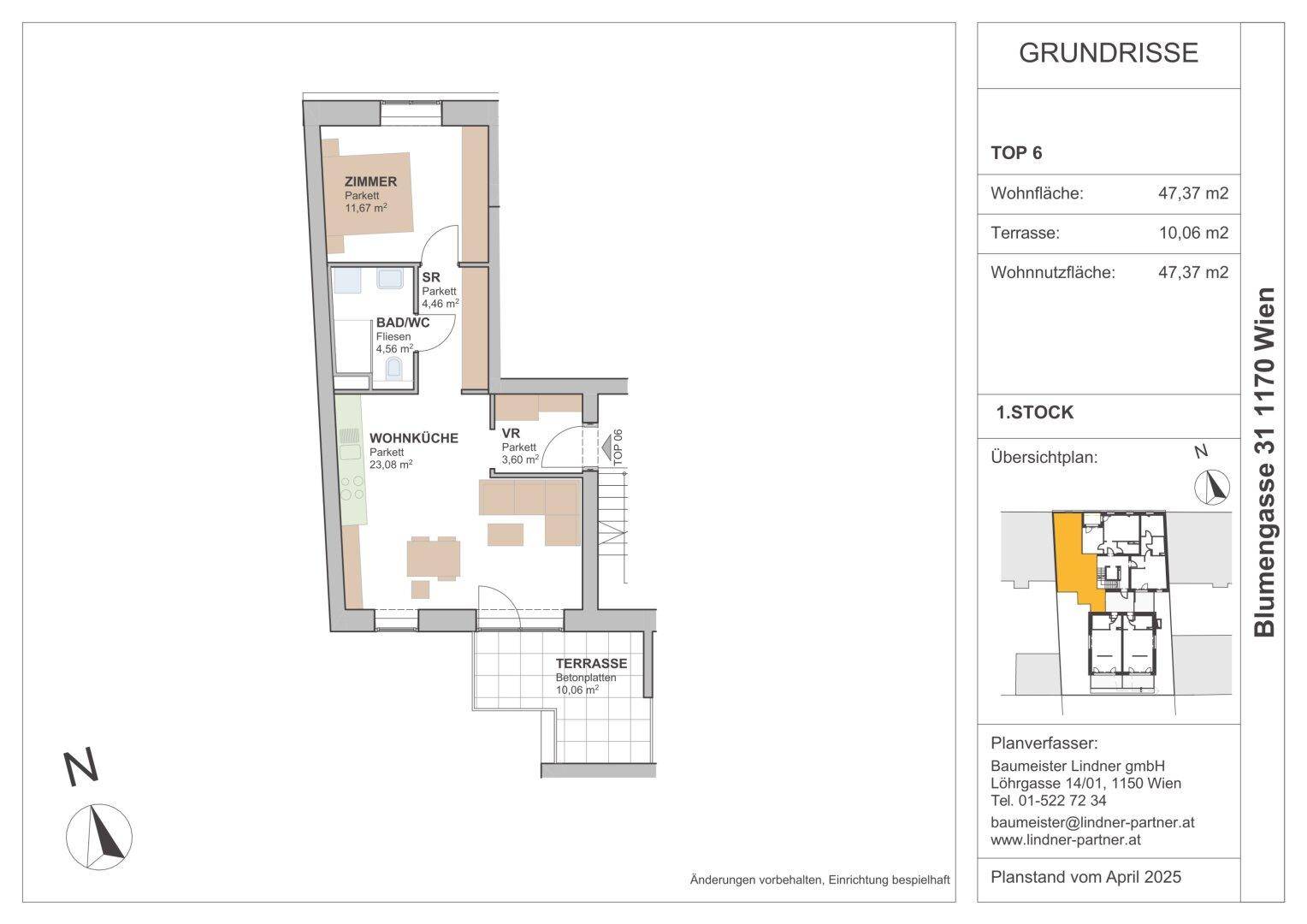 Grundriss der Wohnung TOP 6 mit Wohnküche, Schlafzimmer, Bad und Terrasse.