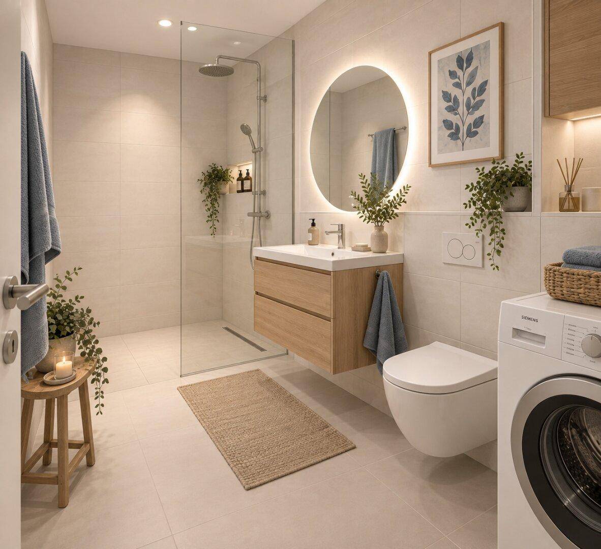 Modernes Badezimmer mit begehbarer Dusche, schwebendem Waschtisch und Waschmaschine.