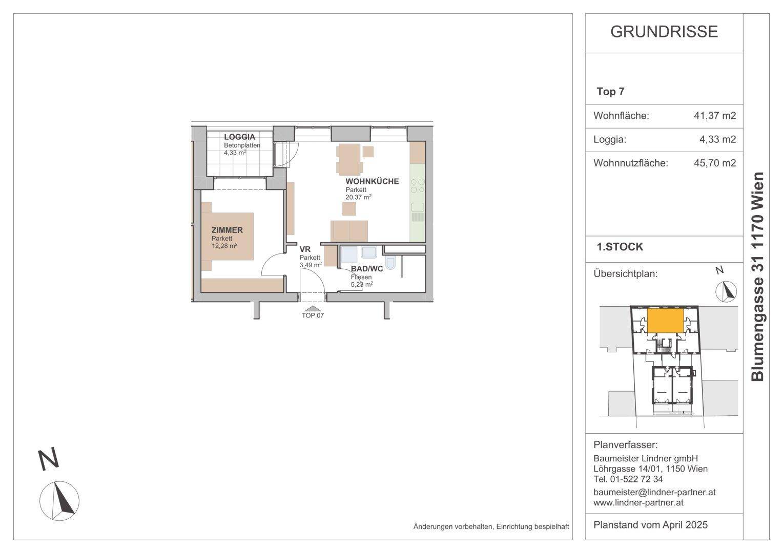 Grundriss für Top 7 mit Wohnküche, Zimmer, Bad/WC und Loggia auf 45,70 m².