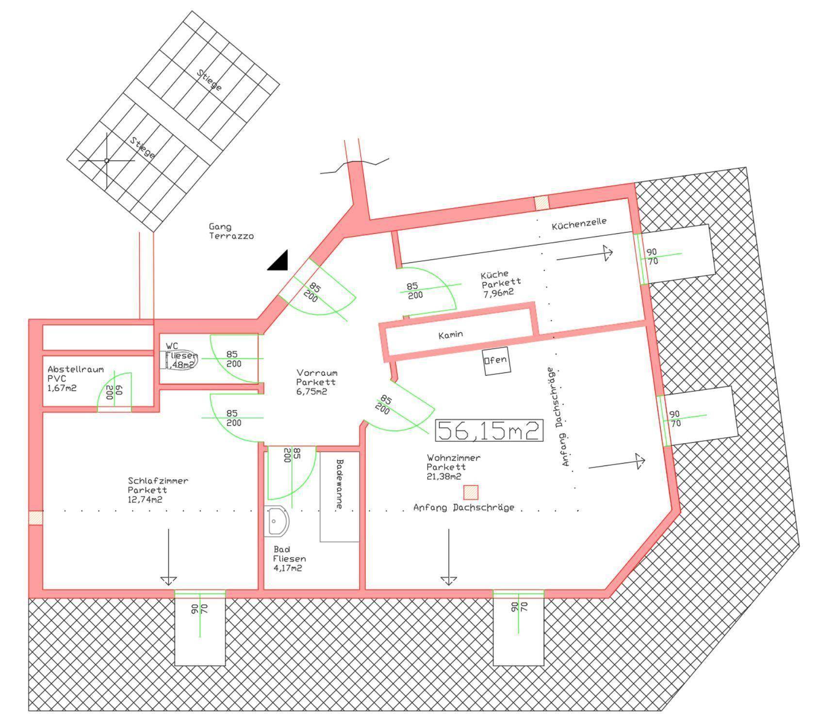 Grundriss einer Dachgeschosswohnung mit Küche, Wohnzimmer, Schlafzimmer und Dachschrägen.