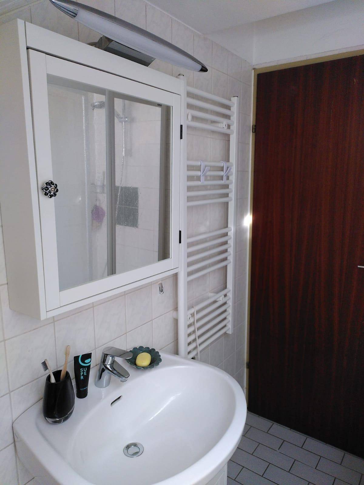Badezimmer mit Waschbecken, Spiegelschrank und einem praktischen Handtuchheizkörper.