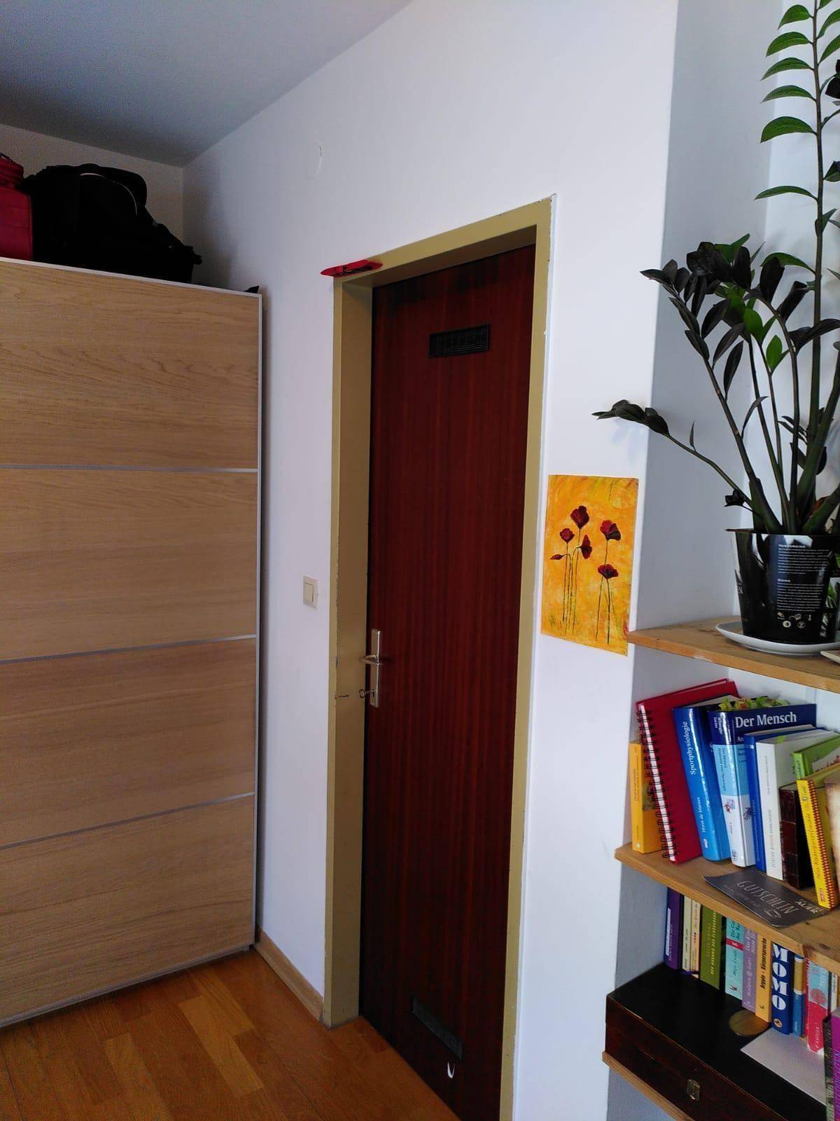 Heller Flurbereich mit Holzschrank, Tür und einem Bücherregal, das Stauraum bietet.