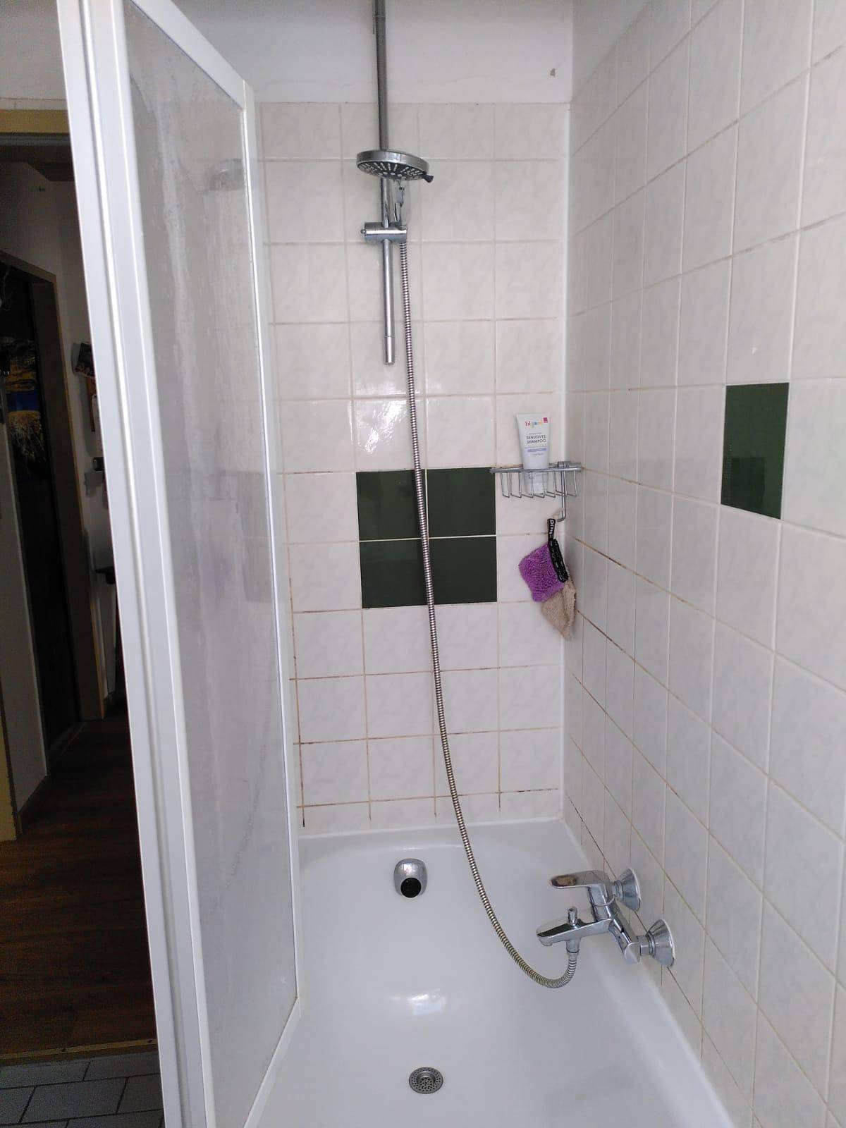 Badezimmer mit Badewanne und Duschfunktion, umgeben von hellen Fliesen und dunklen Akzenten.