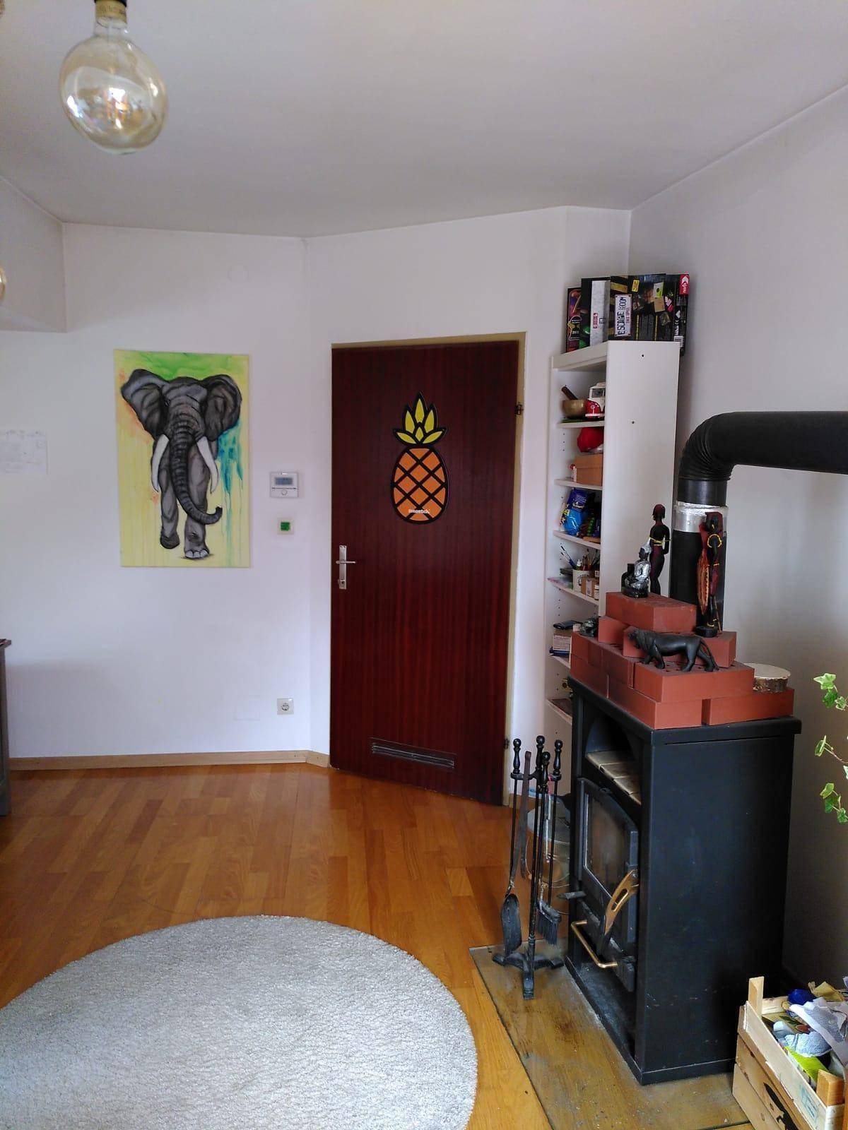 Helles Wohnzimmer mit Holzboden, einem Kaminofen und einem farbenfrohen Elefantenbild an der Wand.