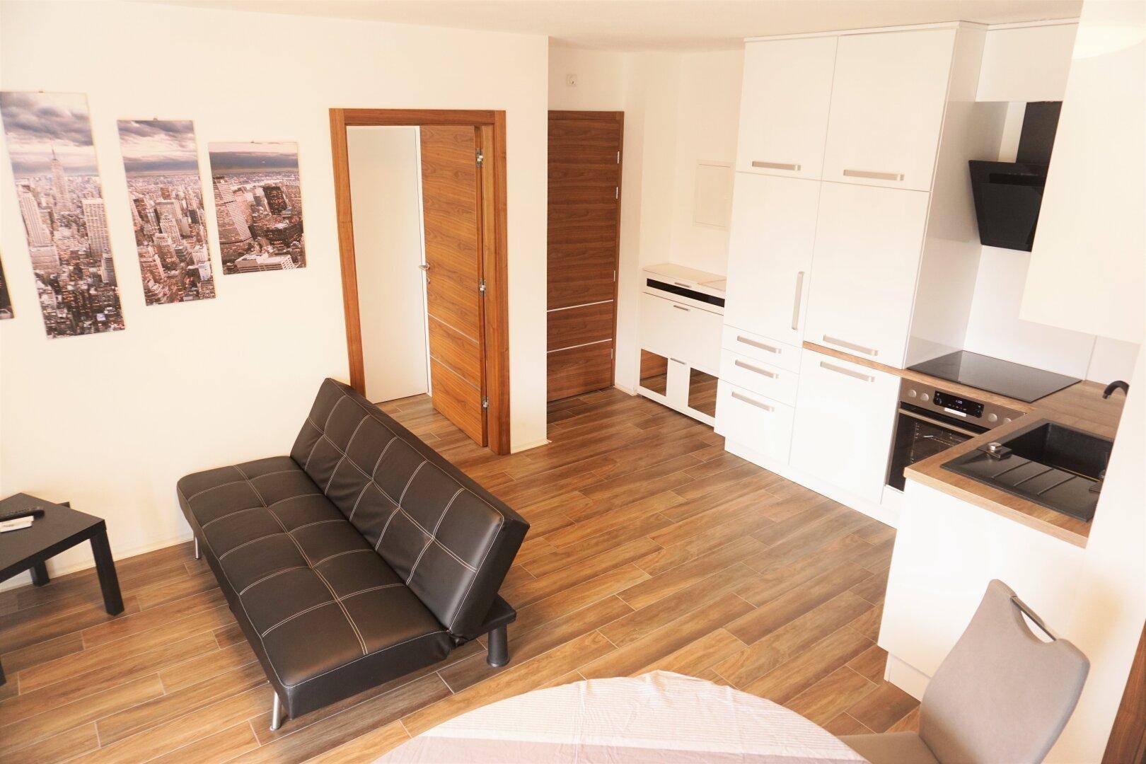 Heller Wohnbereich mit integrierter Küchenzeile, Schlafsofa und Holzboden, modern eingerichtet.
