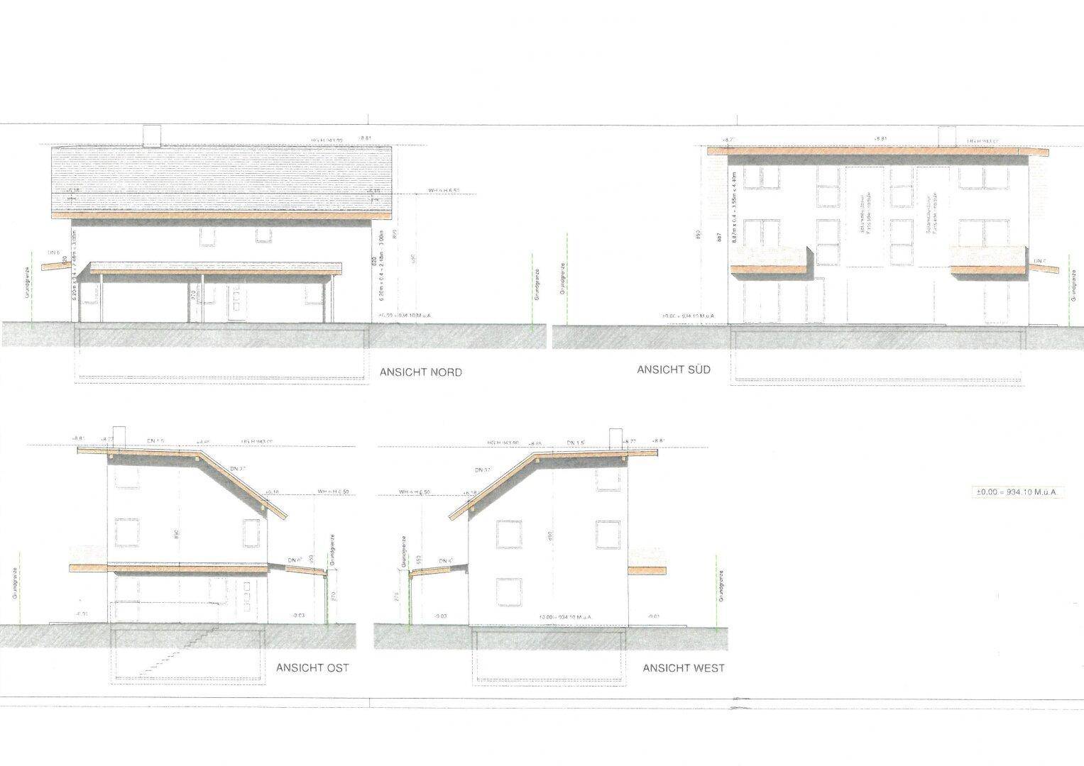Ansichten des Gebäudes von allen vier Seiten, inklusive Dachform und Fensteranordnung.