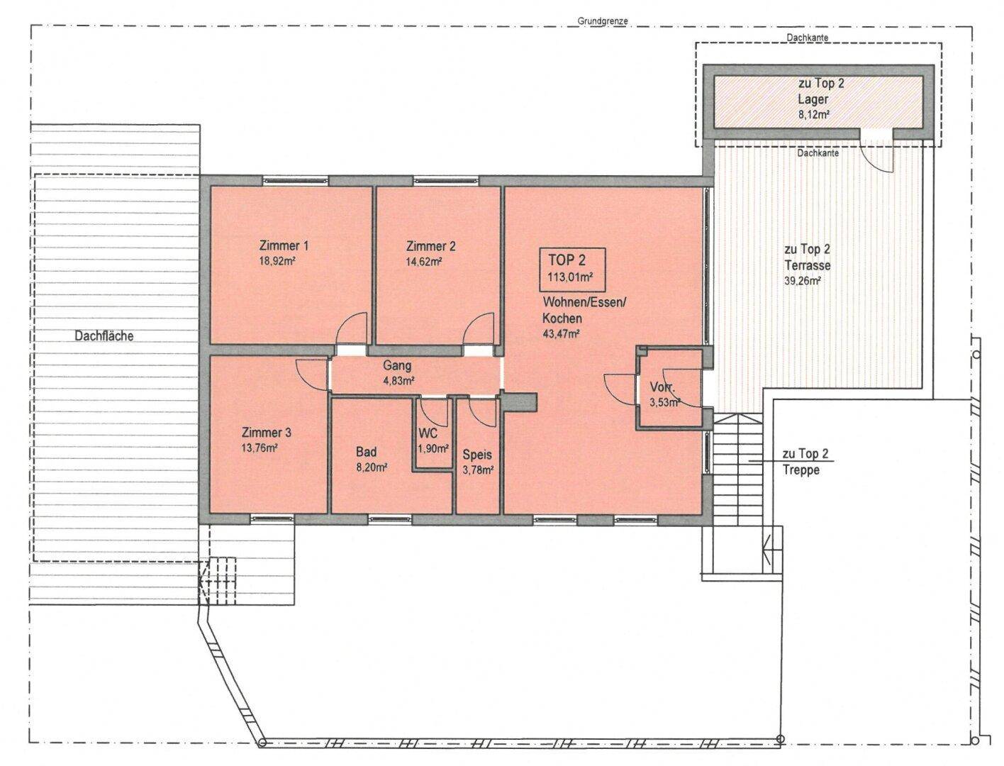Grundriss einer Wohnung mit drei Zimmern, offenem Wohn-/Ess-/Kochbereich, Bad, separatem WC und großer Terrasse.