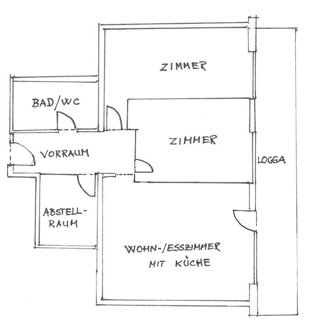 Handgezeichneter Grundriss mit Zimmern, Bad/WC, Vorraum, Abstellraum und Loggia.