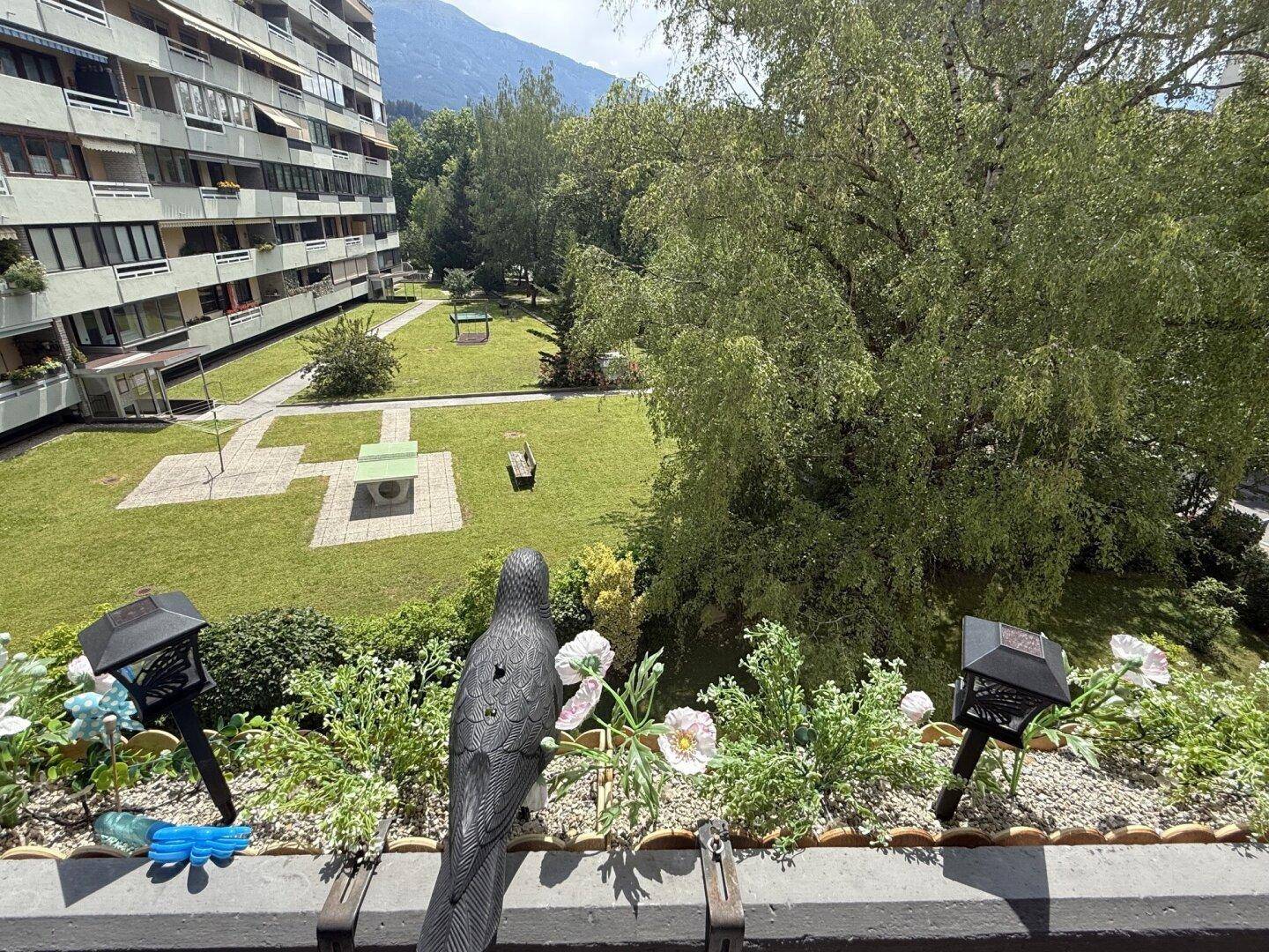 Blick vom Balkon auf die gepflegte Gemeinschaftsgrünfläche mit Bäumen und Spielbereich.