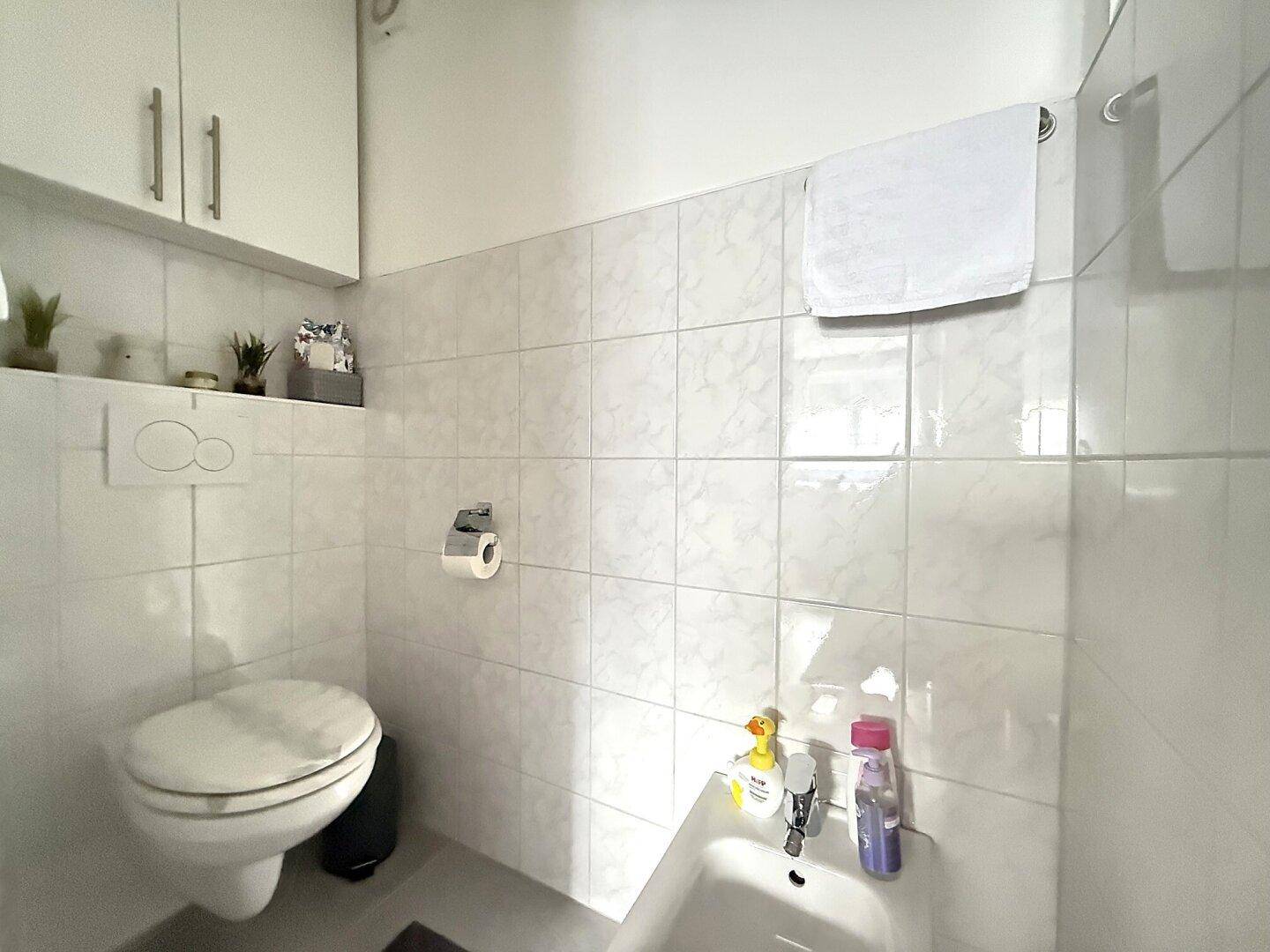 Separates WC mit Toilette, kleinem Waschbecken und hellen Fliesen.