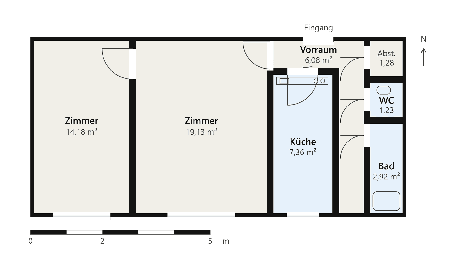 Grundriss einer Wohnung mit drei Zimmern, Küche, Bad und separatem WC.