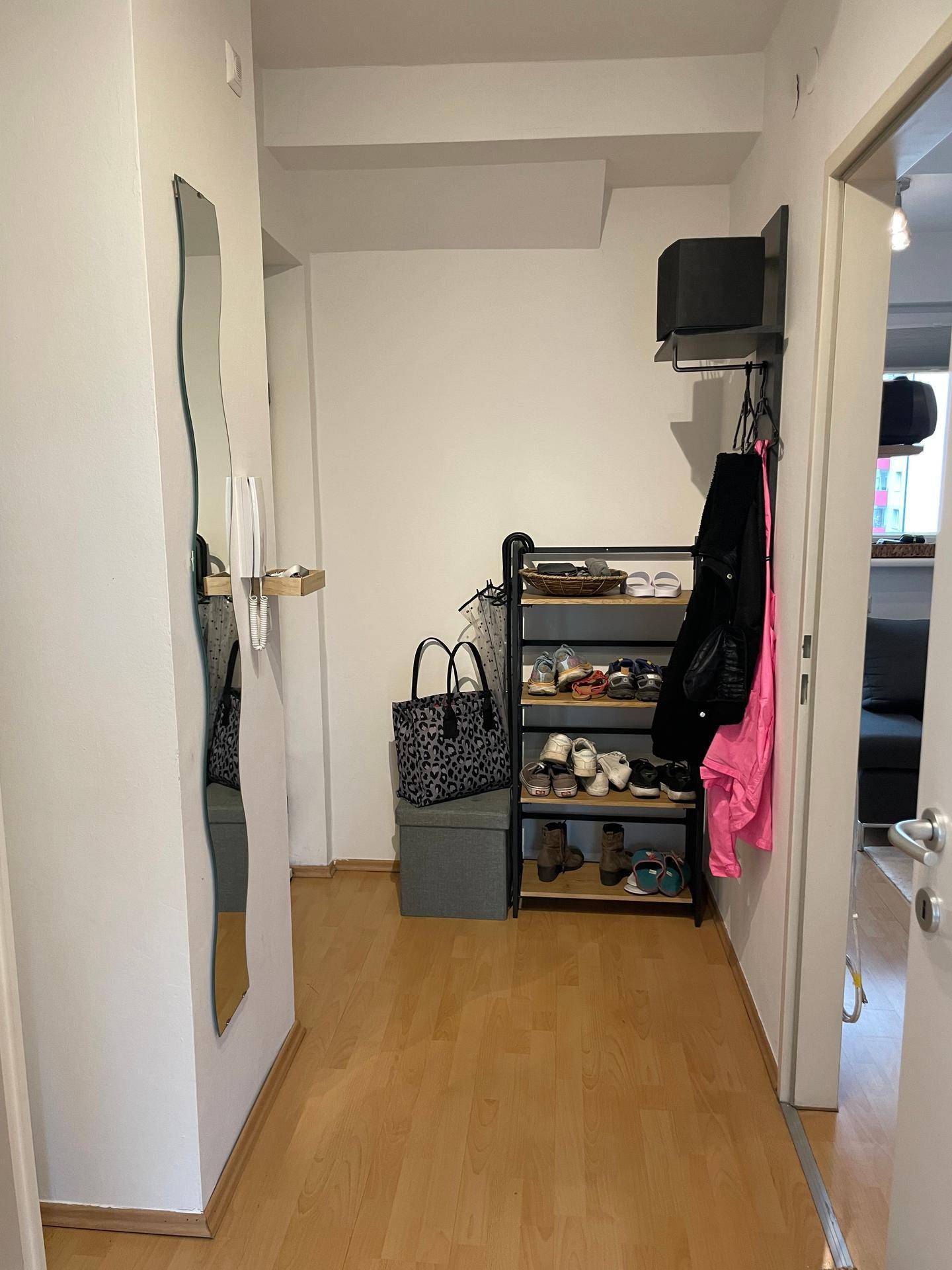 Heller Flur mit großem Spiegel, Schuhregal und Garderobe für den Eingangsbereich.