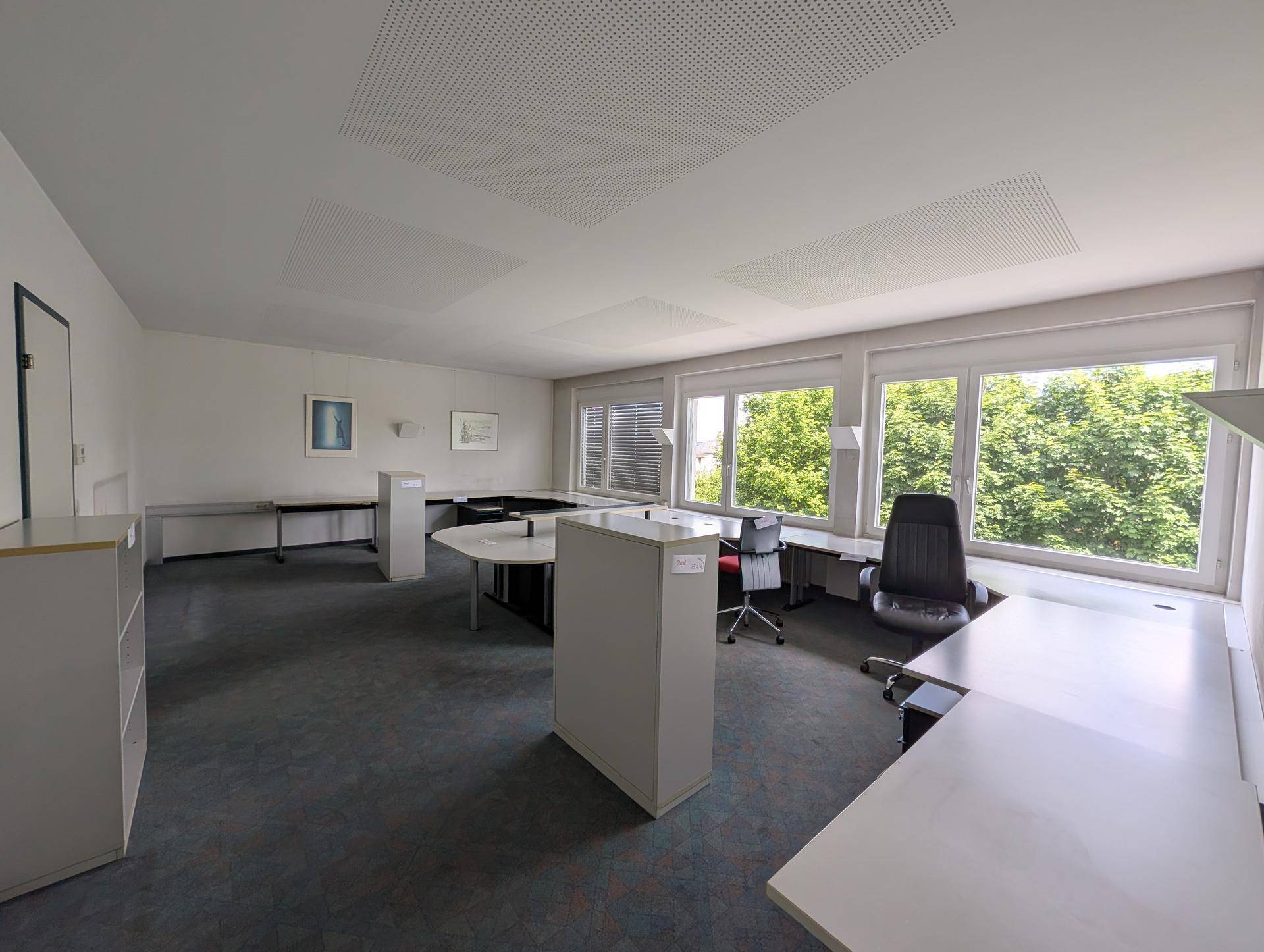 Geräumiges Büro mit Teppichboden, großen Fenstern und mehreren Schreibtischen, bietet viel Tageslicht.